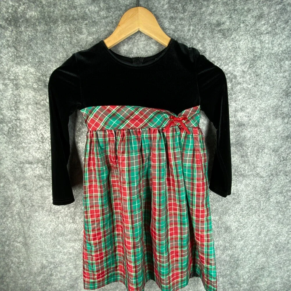 Hartstrings Dress Girls 6X Black Velvet Top Gold Metallic Red Green Plaid Skirt